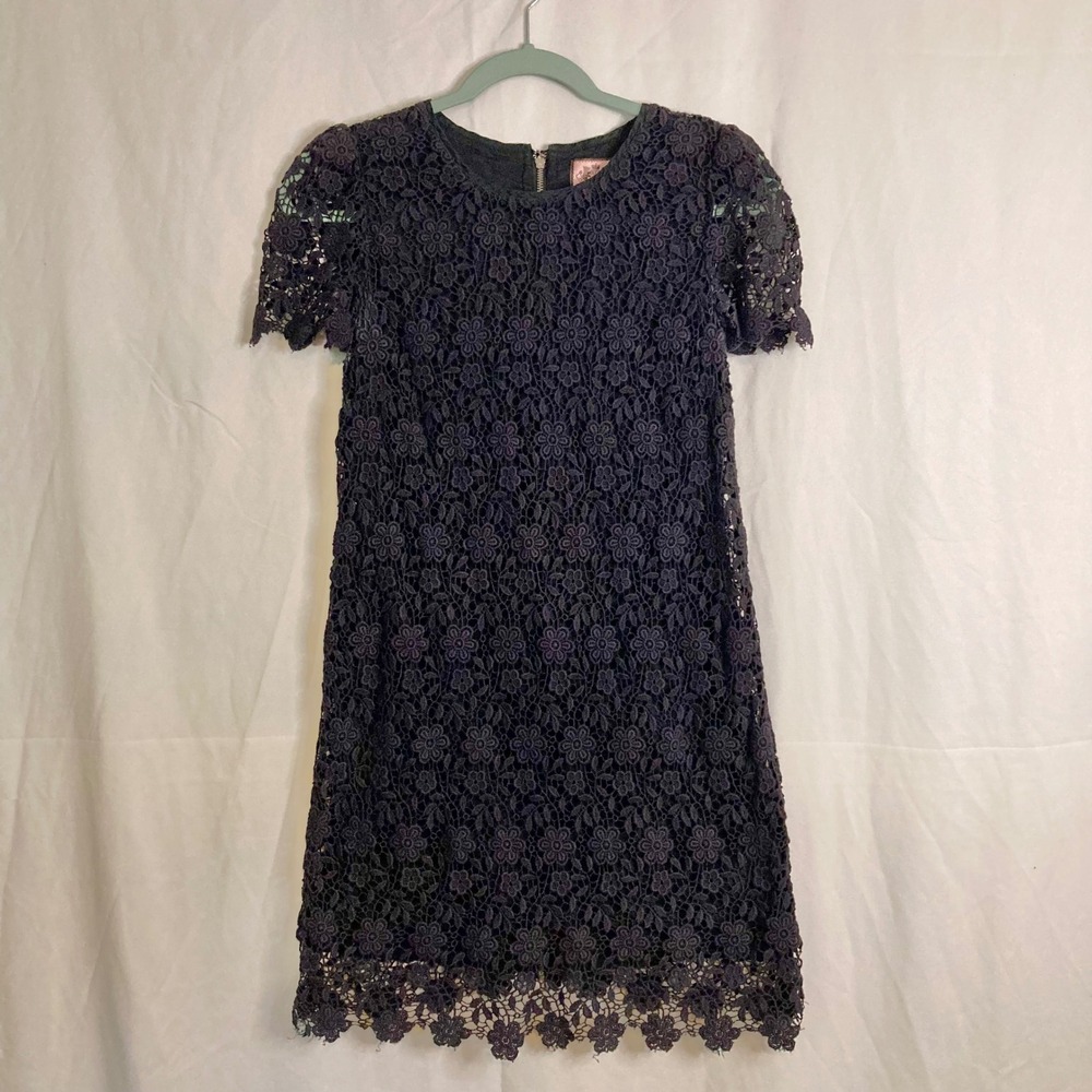 Juicy Couture Black Floral Crochet Lace Mini Dress Silk Bow Back Zip 4 Coquette